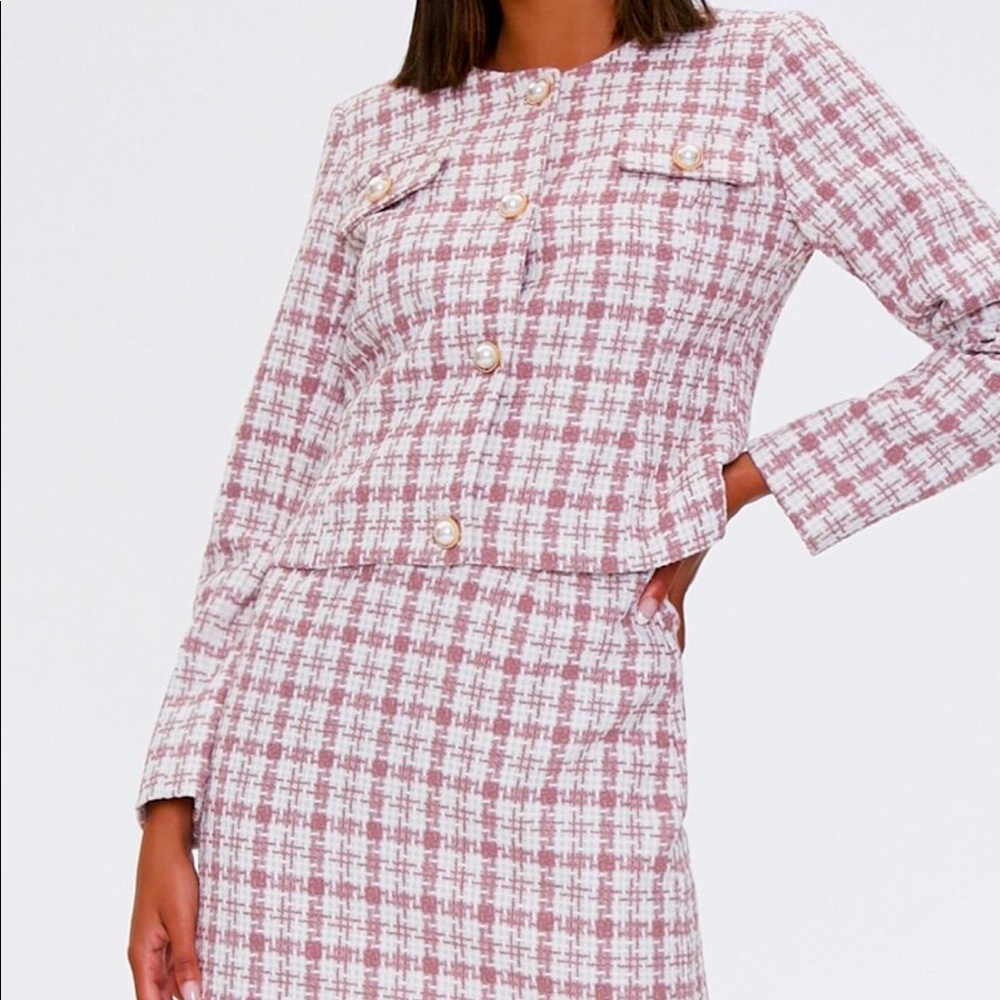 Plaid Tweed Blazer Set with Skirt